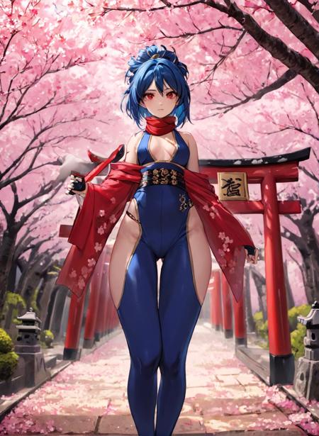 ninja, 3d render, <lora:Ninja_XL:1.2> ninja, wearing a scarf, wearing a ninja costume,  classic costume, under a sakura tree, at a japanese shrine, full body, (masterpiece), best quality, highres, 4k, 8k, cinematic lighting, amazing quality, amazing shading, soft lighting, ultra detailed skin, ultra detailed face, perfect eyes, small skin imperfections, 35mm, analog style, a realistic photo, film grain, (photorealistic:0.6), taken by a canon eos r5, 1girl, Updo, small boobs, flat chest, Curvy body, red eyes, Royal blue hair