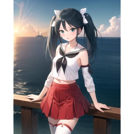 ((masterpiece)),(best quality),official art,extremely detailed CG,unity 8k wallpaper,ultra detailed,A lighthouse on a cliff by the sea,1girl,solo,cowboy shot,twintails,long_hair,detached_sleeves,zettai_ryouiki,white_thighhighs,school_uniform,blue_hair,serafuku,red_skirt,hair_ribbon,neckerchief,medium_breasts,pleated_skirt,sailor_collar,hair_bow,<lora:Isuzu(kan)>,