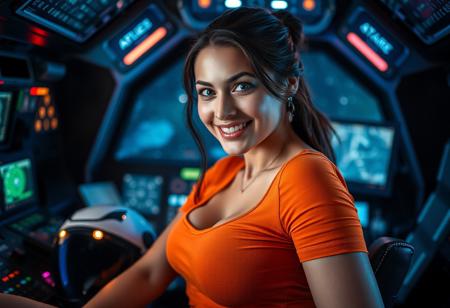 A close-up, high-definition portrait of a beautiful woman sitting and leaning towards the camera in the cockpit of a futuristic spacecraft, smiling warmly at the camera. Her face is softly illuminated by the glow of control panels and screens, casting subtle, colorful reflections of neon blues and greens across her features. She has an adventurous and confident expression, with a hint of excitement in her eyes. Her helmet rests nearby, and her sleek, tight fitting orange t-shirt accentuates her firm breasts, with intricate detailing and small lights integrated into the design. Behind her, the cockpit shows a variety of controls, screens, and digital displays with stars faintly visible through the main window, suggesting she’s in deep space. The lighting is soft but vibrant, creating a cinematic contrast that highlights both her features and the intricate tech details in the cockpit.