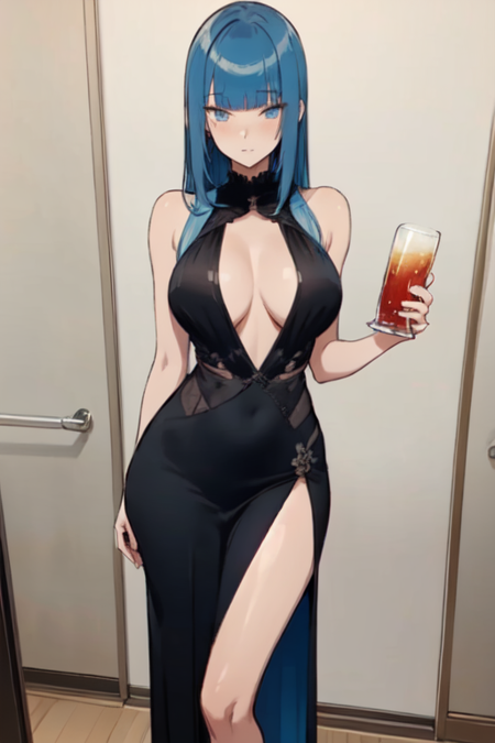 MegamiSaikouMom, 1girl, solo, long hair, blue eyes, large breasts, black dress, cleavage, bare shoulders, very long hair, blue hair, blunt bangs, side slit, alcohol, long dress, 