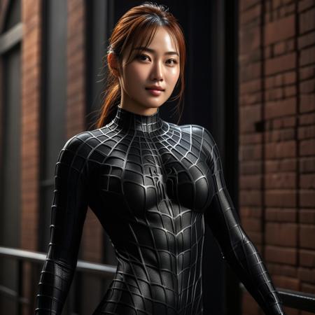 score_9, score_8_up, score_7_up, best quality, realistic, masterpiece, beautiful detail, hyperrealistic, night, ((1girl, woman body, large breast)), amazing detailed full body of a cute korean girl, wearing a realistic and highly detailed black raimi spider-man suit, ((defined muscular girl)), professional model wears ultra - detailed black raimi spider - man suit, ultra - detailed and grained black raimi spiderman suit, suit covered entire body and hand, black spiderman gloves, wet, (light smile), close up, octane render, highly detailed, volumetric, dramatic lighting, (highest quality:1.1), (HDR:1.3), (top quality, best quality), realistic, high definition, sharp contrast between light and shadow, athletic and fit physique, highly detailed and accurate portrayal, photorealistic rendering, tense and alert atmosphere cinematic scene, cinematic lighting, intricate detail skin and facial texture, lifelike expression, accurate character design, interesting and complex background details,