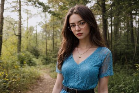 35mm film, one pretty european girl, solo, supermodel, long light brown hair, long wavy hair, pale skin, perfect face, small nose, blue eyes, lips, big tits, nice breasts, necklace, black frame glasses, short blue lace dress with a belt, white heeled shoes, looking at viewer, looking directly at viewer, a breathtaking forest view, offering panoramic views of majestic and sweeping trees, nature light, early spring season, full body view of girl, epiCPhoto, <lora:pytorch_lora_weights:0.5>, <lora:picxer_real:0.7>, <lora:FilmVelvia3:0.3>, <lora:more_details:0.6>