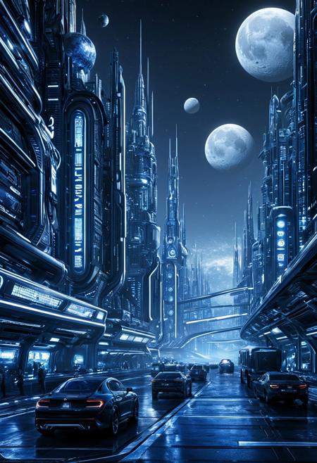 score_9, score_8_up, score_7_up, novuschroma47 style, Sci-fi metropolis, busy streets, alien world, multiple moons, concept art, detailed, masterpiece
