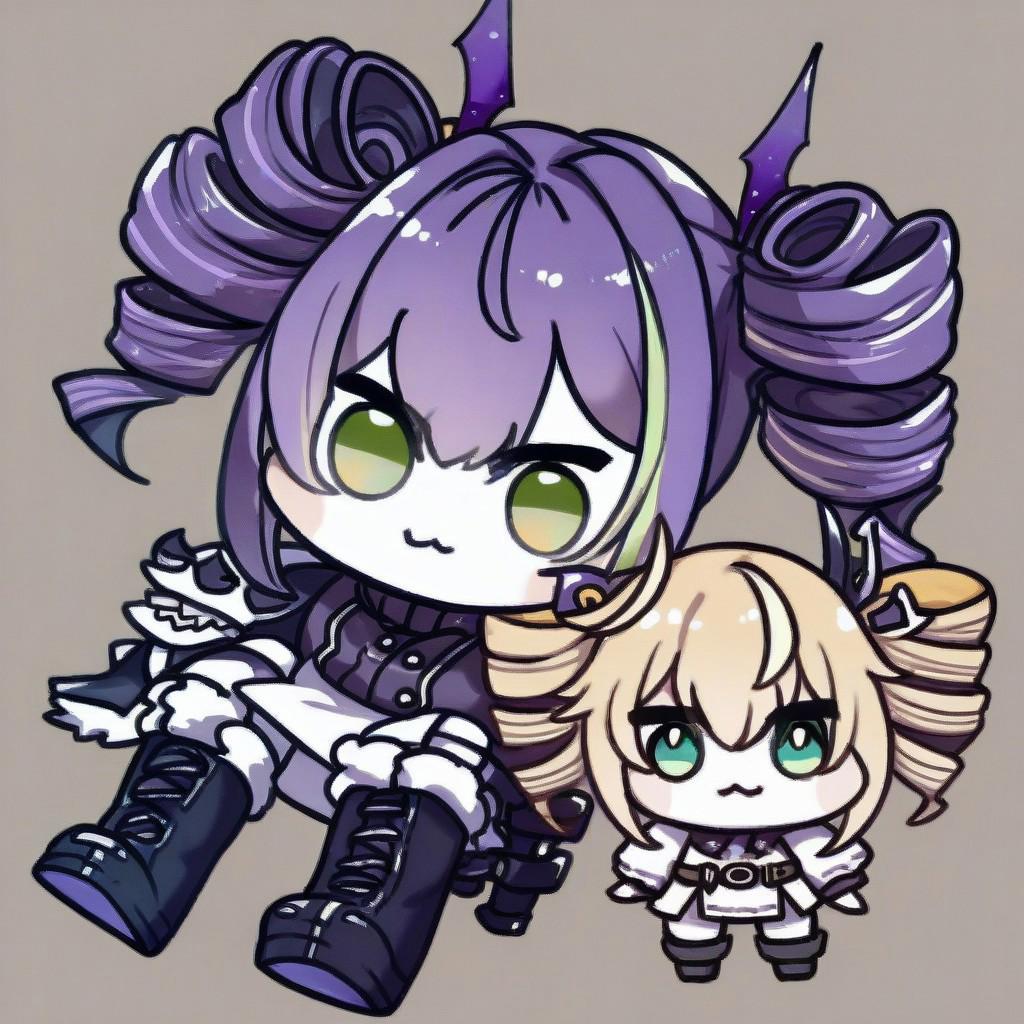 score_8_up. score_7_up, score_9,rating_safe,source_anime,doro, creature, :3, chibi,no humans, white skin, solid circle eyes, no pupils, four legs,violetinboots, green eyes, streaked hair, purple head ornament, purple hair, blonde hair, twindrills, boots