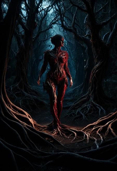 , masterpiece,best quality, highly detailed, score_9, score_8_up, score_7_up, score_6_up, dramatic, detaied face, BREAK, female, red and dark grey, walking at night, in a macabre woodland with many morph-treeroots, lazypos <lora:dark:1> , 2 legs, 2 arms <lora:tree roots_0_100_V1:1>