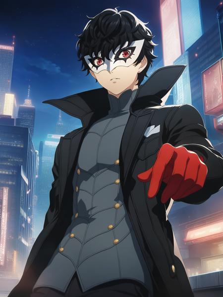 dsjoker, black hair, short hair, red eyes, mask, high collar, black coat, dark grey shirt, long sleeves, pants, red gloves, 1boy, male focus, solo
BREAK
cityscape, city lights, night, depth of field, cinematic, game cg, anime screencap, official art, masterpiece, best quality
<lora:dsjoker_a3b:1>