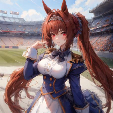 ((masterpiece, best quality)), <lora:Daiwa Scarlet:0.5>,1girl,Daiwa Scarlet,Daiwa Scarlet(Racing clothes),horse ears,horse girl,brown hair,long_hair, twintails,red_eyes, tiara, very_long_hair,epaulettes,hair_intakes,long_sleeves, thighhighs, underbust,center_frills,puffy_sleeves,skirt,dress,stadium