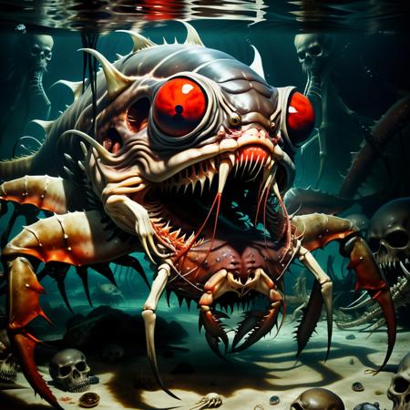 Horror-themed, huge monster piranah,  deep sea creature, with crab legs, (huge scorpion tail), under water, glossy eyes, 4 eyes, extremely sharp teeths,  attacking at surface,  sea bed of skulls and bones, <lora:Detail more XL:2> <lora:EdobHorrorLandscape_XL_v1.0:0.8> EdobHorrorLandscape,   <lora:Light Accelerator:0.7>, Eerie, unsettling, dark, spooky, suspenseful, grim, highly detailed