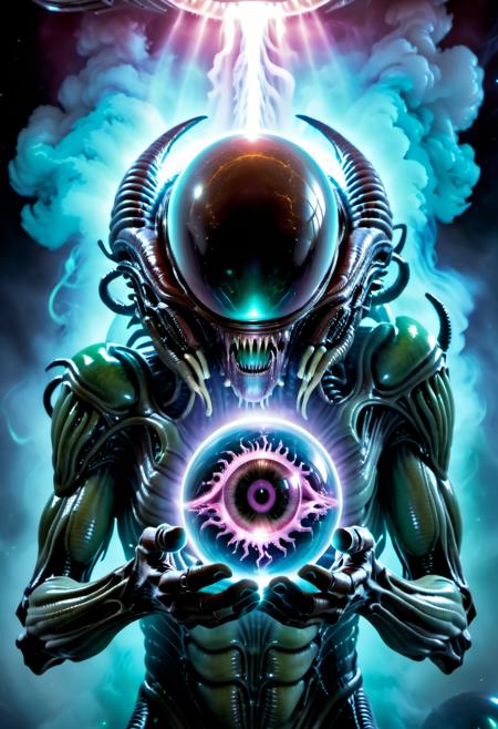 prompt: sci-fi style Alien Xenomorph holding small eye sphere object in both hands, smoke, yamer style, . futuristic, technological, alien worlds, space themes, advanced civilizations,  <lora:Elamite_Sphere:0.7> <lora:Randommaxx_dark_offset_v1.1_lora_fp16:0.6> <lora:xl_yamer_style-2.0:0.5>