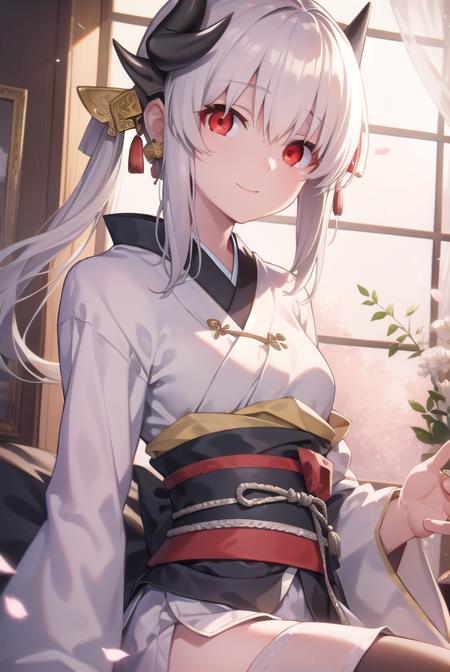 kiyohime, <lora:kiyohime-lora-nochekaiser:1>,
kiyohime, white hair, dragon girl, dragon horns, horns, long hair, (red eyes:1.5), smile, (small breast:1.2),
BREAK japanese clothes, obi, sash, thighhighs, wide sleeves, yukata,
BREAK looking at viewer,
BREAK indoors,
BREAK <lyco:GoodHands-beta2:1>, (masterpiece:1.2), best quality, high resolution, unity 8k wallpaper, (illustration:0.8), (beautiful detailed eyes:1.6), extremely detailed face, perfect lighting, extremely detailed CG, (perfect hands, perfect anatomy),