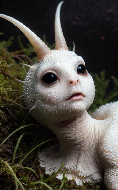 pure white snail, black makeup, green moss, highly detailed, complex, sharp focus, photorealistic, <lora:WB2.2:1.5><lora:add-detail-xl:0.8>