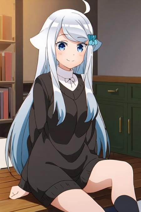 <lora:nayuta_kani-10:1>, nayuta_kani, 1girl, solo, long hair,  blue eyes, hair ornament, long sleeves, dress, jewelry, ahoge, grey hair, socks, sweater, scrunchie, hair flaps, hair scrunchie, blue scrunchie, looking at viewer, outdoors, smile, arms behind back, cowboy shot, indoors, sitting:1.2,  white socks,