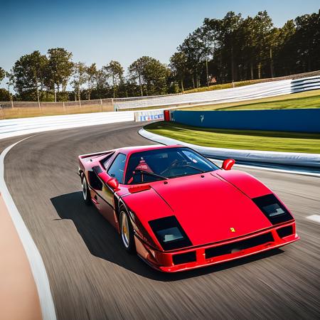 photo of a red Ferrari F40, speeding on the race track, beautiful reflections, speed effect, sunny day, in crpht-4300 photography style