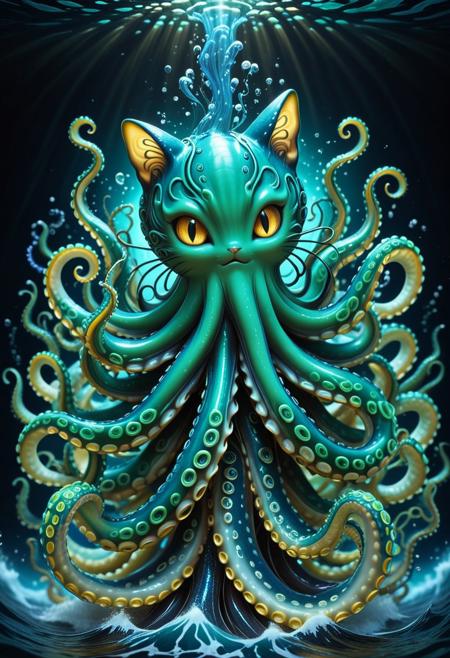 cs-l3ath3r, octocat, a mythical creature with the head of a cat and the body of an octopus, (cat head:1,6), whiskers, (cat ears:1.5), (inner fluff ears:1.3), (cat eyes:1.5), tentacles, eight tentacles, twisting tentacles, swirling tentacles, dark background, deep sea background, directed light, spotlight, best_quality, masterpiece, absurdres, highres, subject_focus, depth_of_field, ultra_detailed, sharp_focus, high_detail, intricate detail, clean_lines, volumetric lighting, dynamic shot, patterns, intricate weavings, rich colors, liquid smoke wrapping the tentacles,