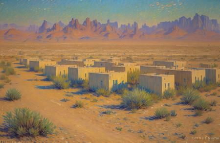(impressionism:1.15), Desert , russian panel houses, (Vincent Di Fate:1), rural, scenery,a painting,scene painting, <lora:russian_panel_houses_v105:1>,