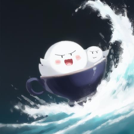 boo in a cup, wave, shy, >_<,  
<lora:Boo4:1>