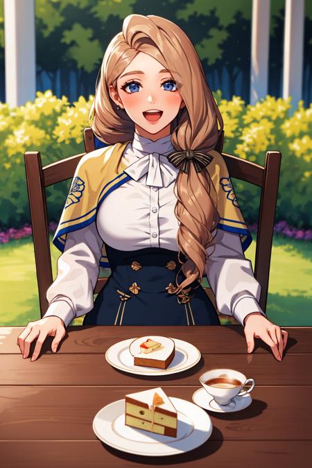 masterpiece, best quality, defMercedes, capelet, hair bow, white shirt, large breasts, brown boots, sitting, table, across table, garden, chair, tea party, cake, smile, happy, looking at viewer, open mouth <lora:mercedes-nvwls-v2-000012:0.8> <lora:sitac-000016:1>