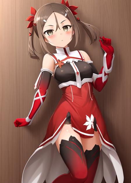 <lora:Miyoshi_Karin-10:1>, Miyoshi_Karin, 1girl, solo,brown hair, hair ornament, thighhighs, gloves, dress, hair between eyes, bare shoulders, twintails,brown hair, boots, elbow gloves,parted bangs, grey eyes, thigh boots, red dress, red footwear, red gloves, red thighhighs,red leotard,upper body