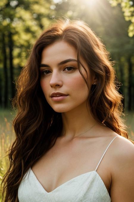 A realistic photograph of a young woman with long, wavy red hair standing in a sunlit meadow. She is wearing a light white dress with a delicate, subtle pattern. The scene is set outdoors in a lush green field, with the sunlight streaming through the trees in the background, creating a warm and dreamy atmosphere. The woman is looking directly at the camera with a calm and serene expression. The lighting is natural, highlighting her hair and the tranquil beauty of the surrounding landscape.