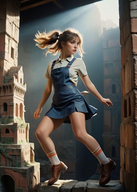 (pastel color:1.3), (High detail RAW Photo), a woman Leaping with one leg extended in corner of her Tower of Babel, wearing Fox print apron on t-shirt short suspender skirt ,  1960s \(style\), ((led strip lights)), (Dark blue and Cordovan ambient:1.3) ((close up:0.7)), (extremely detailed skin, photorealistic, heavy shadow, dramatic and cinematic lighting, key light, fill light), sharp focus, film grain, grainy, cinematic, imperfect skin, fabrics, textures, detailed face, detailed skin, warm colors NaturalHand2-3500, (marbling hair,  twintails hair:1.3),, (pastel color:1.3), (High detail RAW Photo), (extremely detailed skin, photorealistic, heavy shadow, dramatic and cinematic lighting, key light, fill light), sharp focus, film grain, grainy, cinematic, imperfect skin, fabrics, textures, detailed face, detailed skin, detailed fingers, warm colors NaturalHand2-3500,