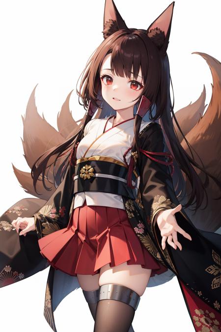 <lora:akagi-08:1>akagi(azur lane), animal ear fluff, 1girl, red skirt, japanese clothes, brown hair, animal ears, white background, multiple tails, long hair, brown tail, fox tail, thighhighs, black kimono, kyuubi, kitsune, skirt, solo, red eyes, fox girl, looking at viewer, tail, fox ears, open kimono, pleated skirt, open clothes, chibi, kimono