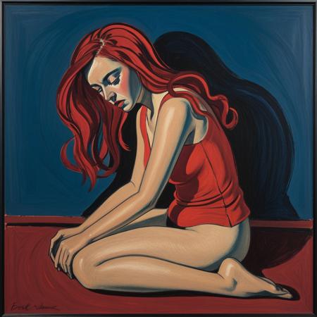 This prompt describes a pastel drawing of a woman seated in a contemplative posture. She has long, vibrant red hair and wears a fitted red top with a wide neckline. The woman sits on the floor, curling her legs to one side, with one arm resting on her knee and the other hand gently placed on her knee. Her expression is thoughtful, with a neutral backdrop that emphasizes her features. The lighting is dramatic, using chiaroscuro techniques to highlight her facial contours and the textures in her clothing and skin. The color palette combines deep reds, blues, and muted tones to create a striking contrast against the dark background. The composition is intimate and centered, inviting viewers to engage with the subject's emotional depth. The drawing's style is expressive, showcasing broad strokes and textures that convey a sense of movement and feeling. Technical aspects include a focus on texture and color blending typical of pastel drawings, with a loose application that imbues energy and warmth into the piece. ernst ludwig kirchner expressionism painting style