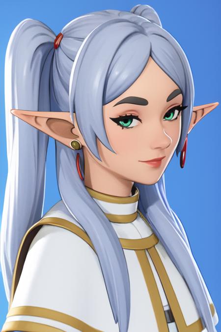 frieren, 1girl, earrings, elf, long hair, pointy ears, solo, twintails, green eyes, earrings, white hair, looking at viewer,