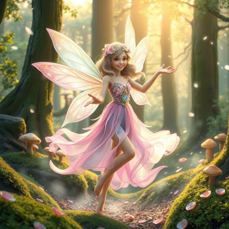 "A whimsical Faye Spirit, radiating positive vibes, dancing joyfully through an enchanted forest. She has a delicate, ethereal form with glowing, translucent wings that shimmer in soft pastel hues of pink, lavender, and mint green. Her hair flows like liquid sunlight, adorned with tiny sparkling flowers that float around her head like a halo. Her dress is made of swirling, iridescent mist, shifting colors with every twirl. The forest is alive with vibrant moss, glowing mushrooms, and dappled sunlight filtering through ancient trees. The scene is bathed in a warm, golden light, with a playful breeze carrying petals and faint sparkles through the air. Highly detailed, fantasy art style, dreamlike and uplifting atmosphere."