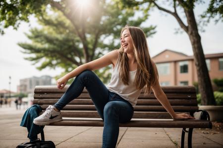 from below,photo of a 18 year old girl,sitting on a bench,happy,laughing,fit and petite body,ray tracing,detail shadow,shot on Fujifilm X-T4,85mm f1.2,sharp focus,depth of field,blurry background,bokeh,lens flare,motion blur,<lora:add_detail:1>,