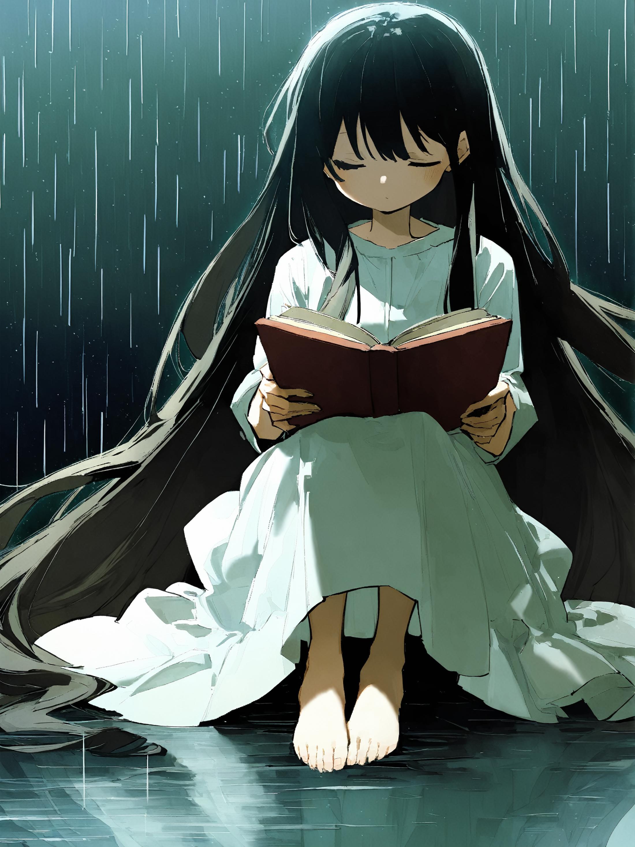 <lora:mki-ani31-potg-v1-000050:1>,1girl,long hair,solo,book,barefoot,rain,dress,holding book,sitting,holding,very long hai...
