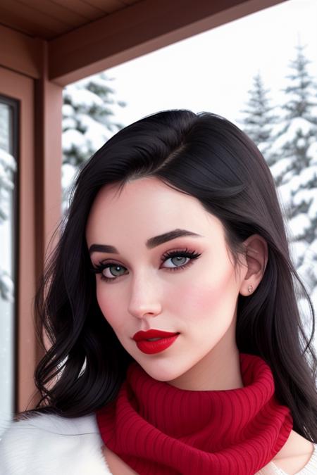 photo of a woman,  gracecc-1820, ((pale skin):1.1), ((beautiful black hair):1.1), ((turtleneck sweater, scarf):1.2), (eye contact, facing camera), ((closeup, portrait)),((outdoors, city, snow):1.2),((red lipstick, eyeliner, eye shadow, blush):1.2), ((best quality, masterpiece, extreme details, high resolution):1.2),((detailed eyes, beautiful eyes, detailed face, beautiful face):1.2)