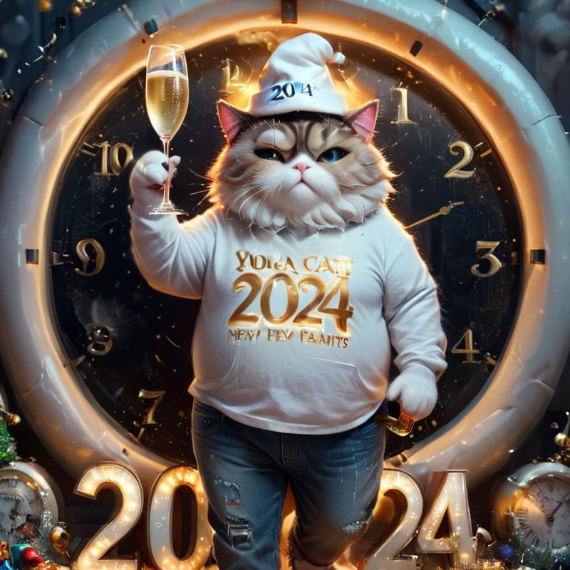 A cartoon cat wearing a white hat and a Yoga Cat sweater for the year 2024.