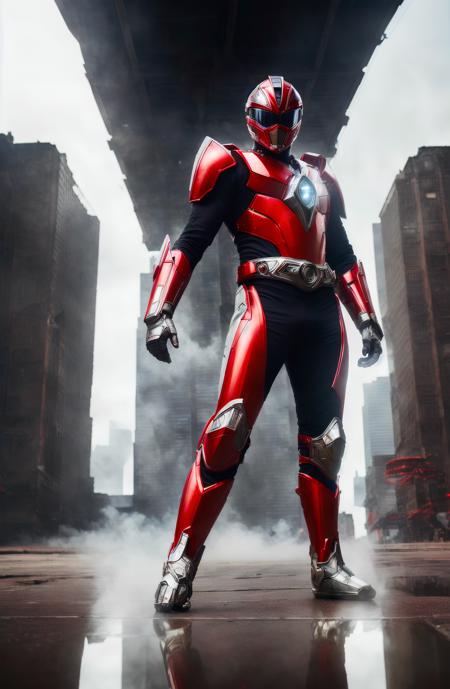 white and red Power Ranger, metallic armour, leather texture, posing, dystopian city, arena, smoke, shadow, reflection, chain, (intricate details, hyperdetailed:1.4), cinematic shot, 8k, uhd, dslr, studio lighting, high quality, film grain, Fujifilm XT3, hyperrealistic, very detailed, portrait, fireball