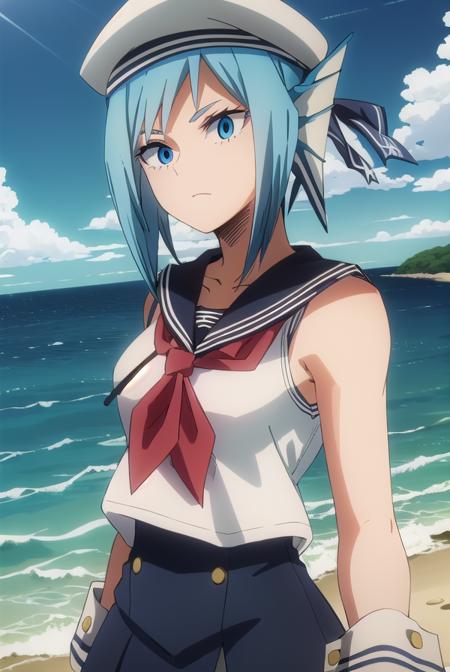 sirius, short hair, blue eyes, blue hair, head fins, skirt, shirt, gloves, hat, white shirt, sleeveless, black gloves, fingerless gloves, black skirt, sailor collar, neckerchief, wrist cuffs, sleeveless shirt, white headwear, red neckerchief, sailor hat,