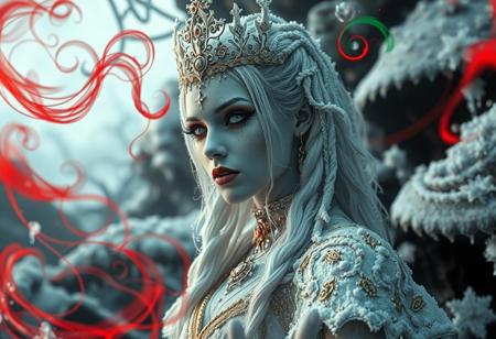 “A hyperrealistic depiction of an ice princess with an eerie ambiance, wearing heavy gothic makeup, set in a rotten and decayed world. The scene is intricate with frost-covered elements, blending a fantasy horror concept with a dark fairytale wonderland background. Red and acid green color twirls swirl through the scene, adding an ominous and sinister touch. The white and gold color palette contrasts sharply with decayed, rotting surroundings and the red and green accents, creating a haunting atmosphere. The image uses a 12mm lens effect to enhance depth and distortion, with sharp contrasts, deep shadows, and an ultra-detailed photorealistic style. The ice princess appears both enchanting and terrifying, emanating mesmerizing visual storytelling in a chilling, frost-bitten, and decayed environment.”