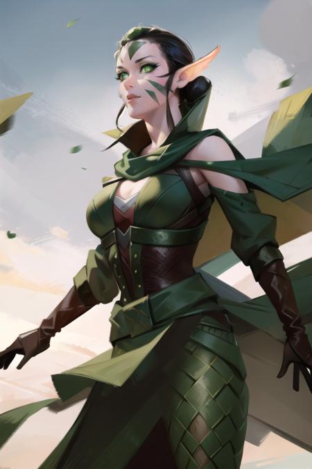 green eyes,facial mark, Nissa mage staff,holding