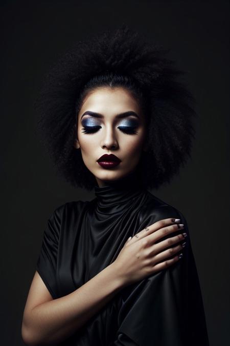 The image is a high-resolution photograph of a person with an ethereal, surreal aesthetic. The subject is a woman with a striking, statuesque appearance, her face and body draped in a dark, almost black, high-fashion ensemble. She has her eyes closed, giving an impression of serenity or contemplation. Her makeup is dramatic, with dark, matte lipstick and eyeshadow that matches the dark tones of her attire.