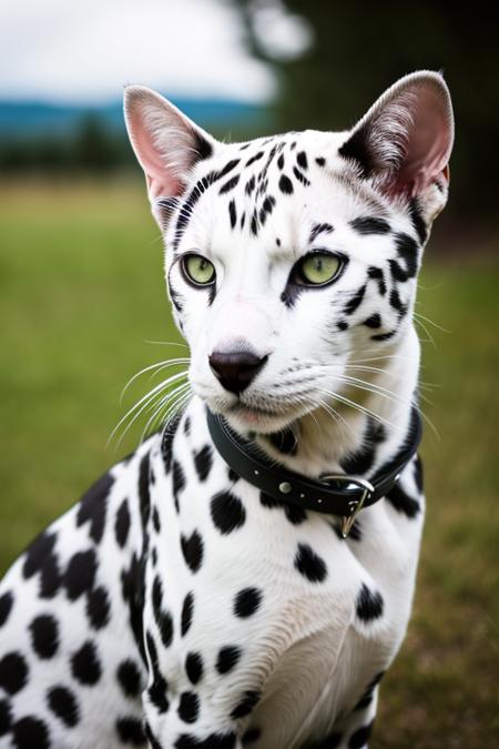 RAW photo, 1 cat, cat dalmatian, white hair with black dots, far away, very long shot, (high detailed skin:1.2), 8k uhd, dslr, soft lighting, high quality, film grain, Fujifilm XT3