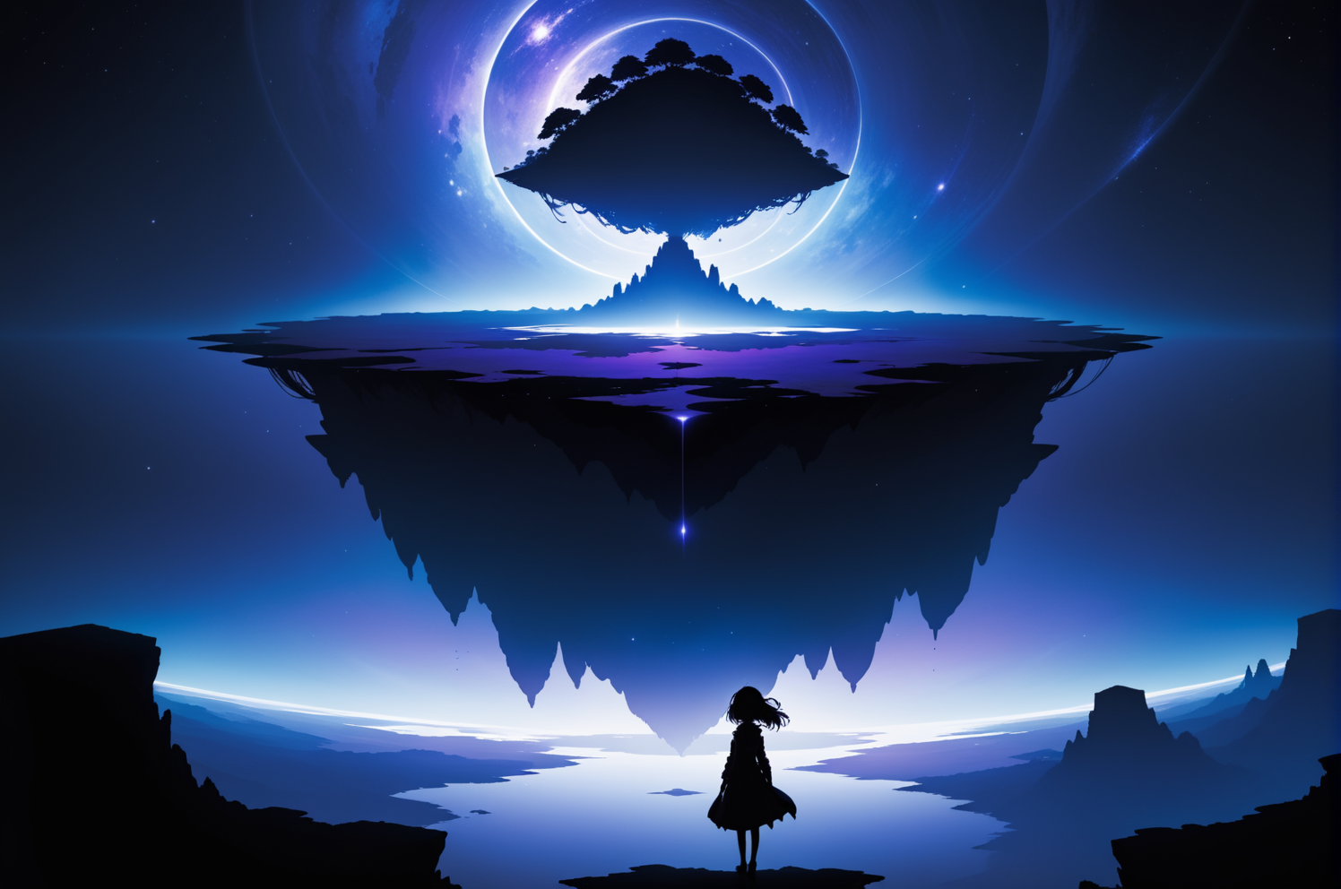 wallpaper, floating island, black silhouette, scenery, empty void, space, a woman, anime, indigo