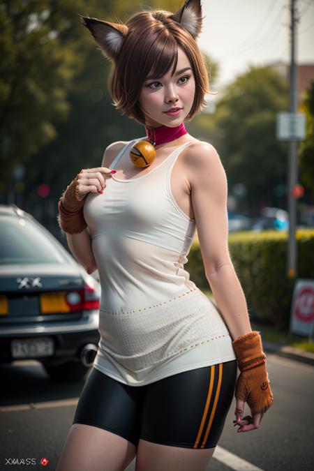 Xiao, cat ears,short hair, brown hair,cat tail, brown eyes,animal hands ,Xattire ,white dress, bike shorts, neck bell,brown footwear,sleeveless,fingerless gloves
(insanely detailed, beautiful detailed face, masterpiece, best quality)   <lora:Xiao-08:1>