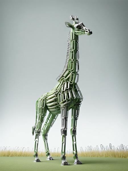 A giraffe made entirely from ais-paperclips, positioned in a grassy plain <lora:Paperclips_Style_SDXL:1>