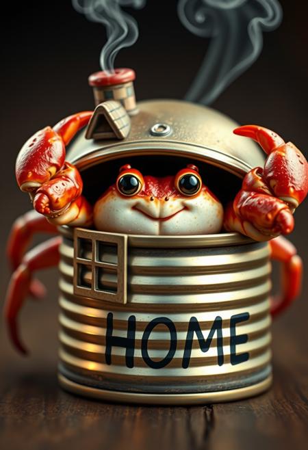 Create a hyper-realistic, hyper-detailed image of a cute hermit crab using a tin can as his shell, with the word "HOME" proudly displayed on the side. The can is decorated with a tiny window, a miniature chimney, and a wisp of smoke rising from the top, giving it a cozy, homely feel. The hermit crab's eyes and claws are rendered in exquisite detail, with a warm, inviting glow that makes you want to smile. Style: hyper-realistic, whimsical, adorable. Colors: warm, earthy tones with a focus on rusty red and creamy white. Highest-Quality, 4k, Masterpiece