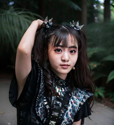 realistic, photorealistic, detailed, beautiful, RAW photo, film grain, (natural lighting :1.2), asian, woman, raw photo, photo background, black hair,  dark, metal, moa kikuchi,m0akiku, punk style, black and red outfit, 20 years old, detailed black eyes,  <lora:m0akiku:0.95>, bokeh, park