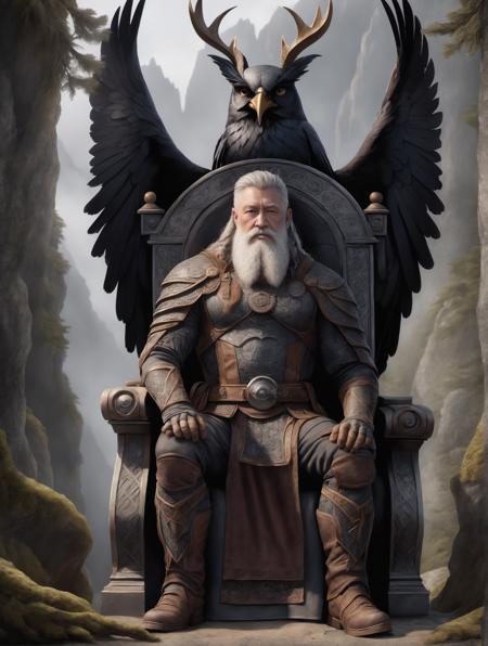 odin with hit 2 raven sitting in Walhalla near Yggdrasil on a throne, detailed, realistic, 8k uhd, high quality