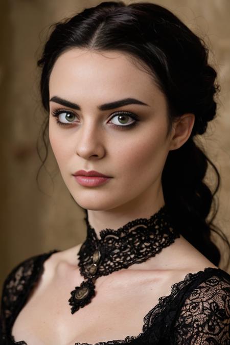 Face and Skin: Morgana has a fair complexion. Her face is characterized by a slightly angular jawline and high cheekbones.
Hair: She sports long, dark brown hair styled in loose waves. Her hair often falls around her shoulders, giving her a dramatic and somewhat mysterious look.
Eyes: Morgana's eyes are a deep, expressive brown, and they often have a slightly intense or thoughtful expression.
Eyebrows: Her eyebrows are well-defined and slightly arched, which accentuates her eye shape and adds to her overall dramatic appearance.
Clothing: Morgana's attire often consists of stylish and somewhat Gothic or Victorian-inspired clothing. She is typically seen wearing a dark-colored dress, which could include elements like lace or intricate patterns. She favors a look that combines elegance with a touch of edginess.
Accessories: She might wear subtle but stylish accessories that complement her outfit, such as a necklace or earrings.
Overall Style: Morgana has a refined, sophisticated style that leans towards the dramatic. Her look reflects a blend of elegance and mystery, fitting her character's background and personality.