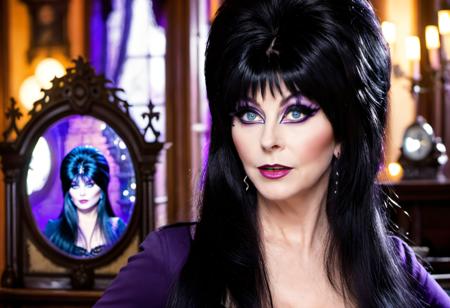 Elvira black dress black pantyhose black high heels a surprised look on her face black spider lingerie black webbing lingerie a scared look on her face touching her cheeks red couch mansion background dark candle lit background