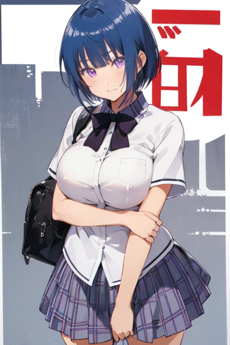 MashiroMai, 1girl, solo, short hair, large breasts, school uniform, white shirt, blue hair, purple eyes, plaid skirt, 