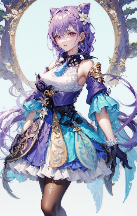 keqing (piercing thunderbolt) (genshin impact), keqing (genshin impact), pantyhose, hair bun, purple hair, gloves, twintails, long hair, purple eyes, diamond-shaped pupils, bare shoulders, hair ornament, black pantyhose, cone hair bun, detached sleeves,dress, jewelry, medium breasts, earrings, bangs, frills, purple dress, black gloves, braid, skirt,  simple background, <lora:keqingGenshinImpact3in1_v10:1><lora:style_TID:1>