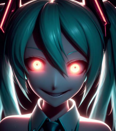 a close up of a Hatsune Miku, by Shitao, pixiv contest winner, shock art, hq 4k phone wallpaper, evil smile and glowing eyes, vertical eyes <lora:Dall-e_3_0.3-v2-000003>