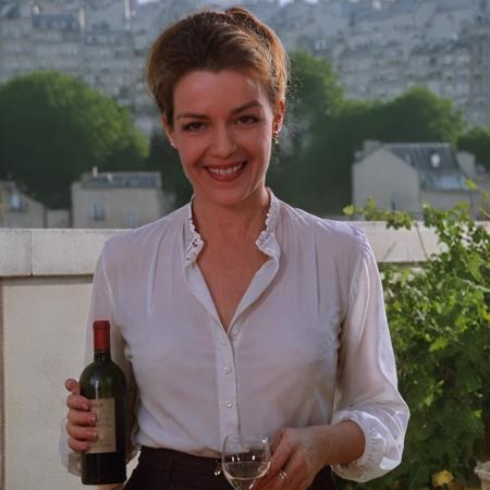 Susan Ivanova, stylish blouse, in Paris, on holiday, grinning, holding a bottle of wine <lora:Susan Ivanova B5 XL:1>